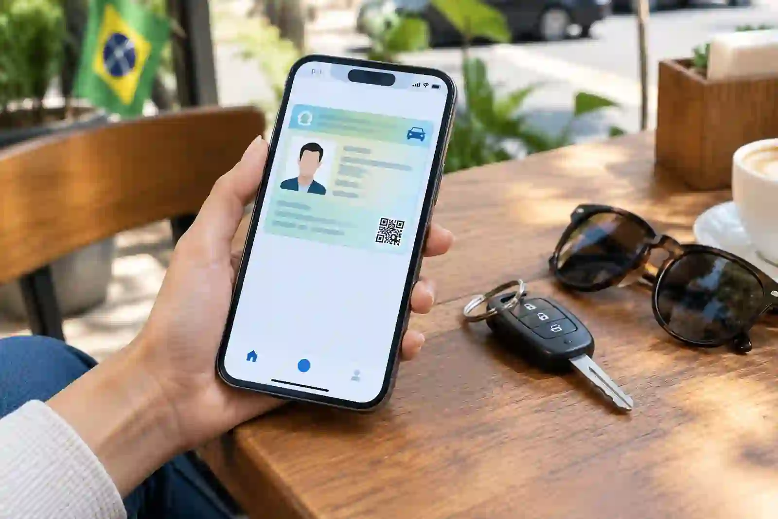 Celular com aplicativo de documentos ao lado de chaves de carro