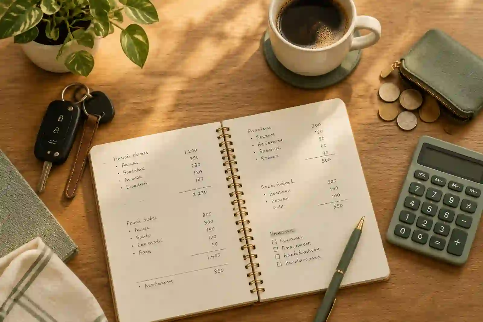 Caderno de planejamento, chaves e calculadora sobre a mesa